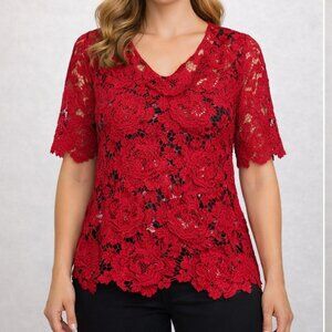 NWOT Rafaella round neck lace floral short sleeve top shirt Red Size L